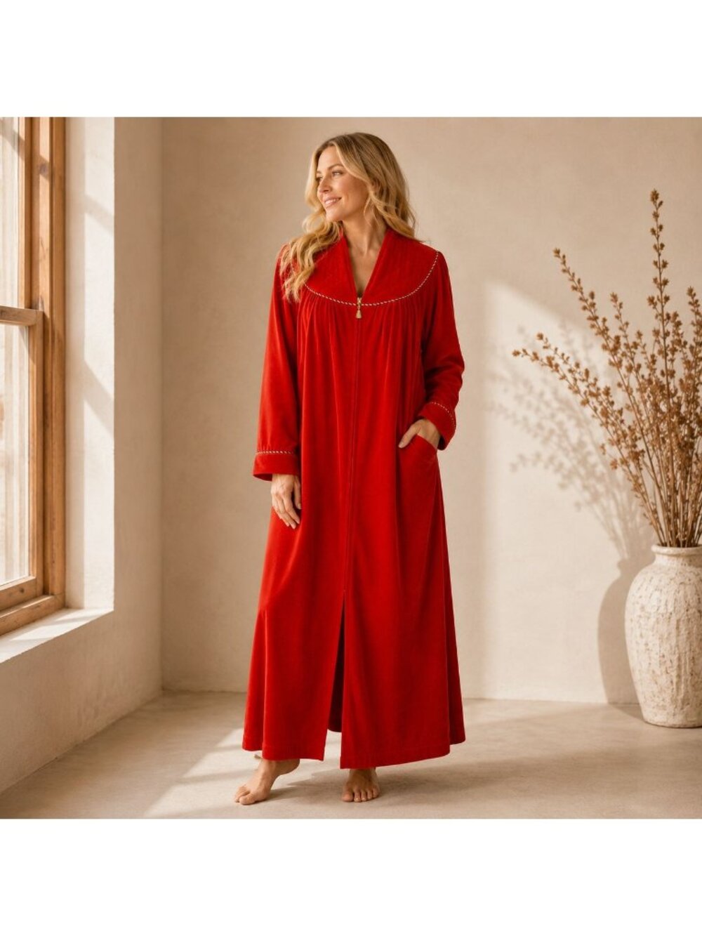 Vanity Fair Red Maxi Robe Size M Long Sleeve Tassel Zipper Cozy Loungewear USA